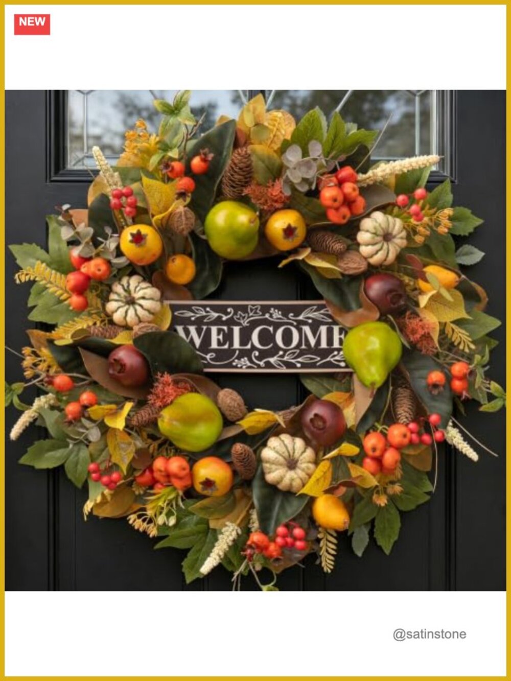 24 Inch Fall Wreath for Front Door, Artificial Pumpkins Berries Pine Cones